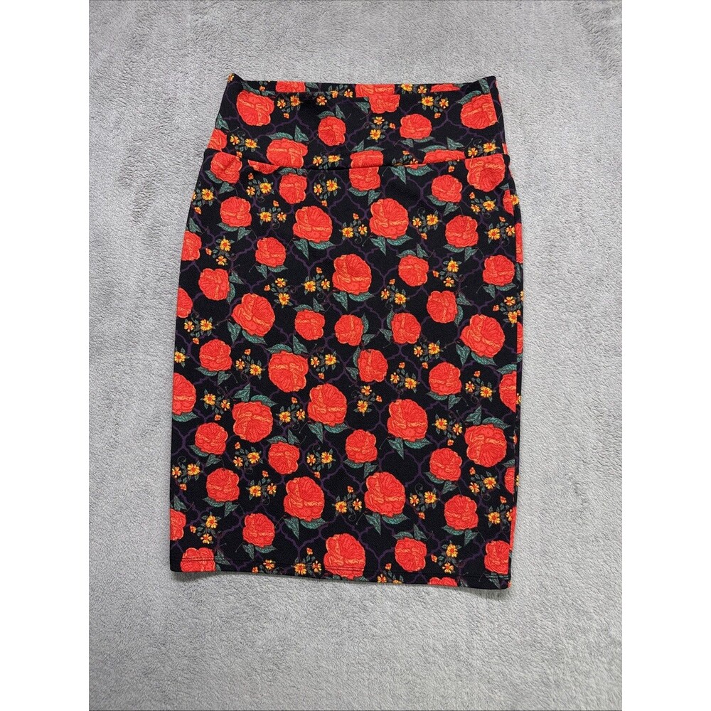 LuLaRoe Pencil Skirt Sz Small Floral Red Roses Pull On Stretch Flat Front